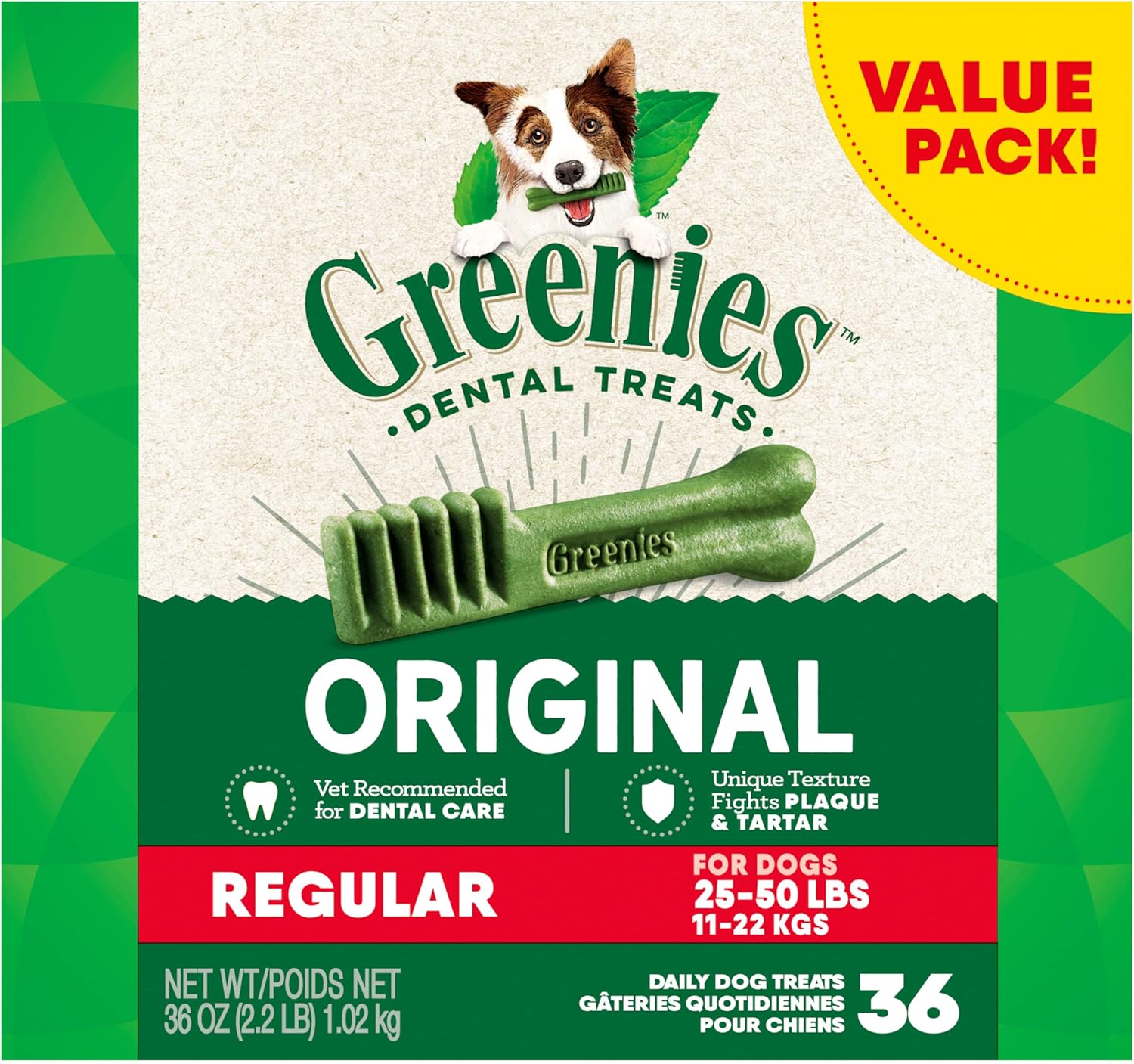 Original Regular Dental Dog Treats - 36 Oz Pack (36 Treats) for Fresh Breath and Healthy Teeth