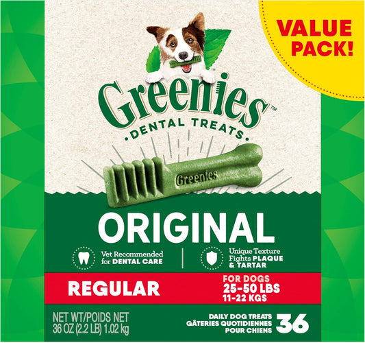 Original Regular Dental Dog Treats - 36 Oz Pack (36 Treats) for Fresh Breath and Healthy Teeth
